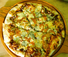 Boulenc three-cheese pizza with caramalized onions