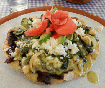 Cabuche tostada with rajas con queso